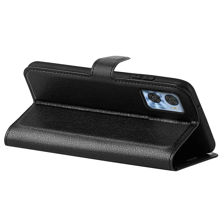 Für Motorola Moto E22 4G Mobiltelefon Cover Brieftasche Ständer Litchi Textur PU-Leder Folio Flip Handyhülle - Schwarz