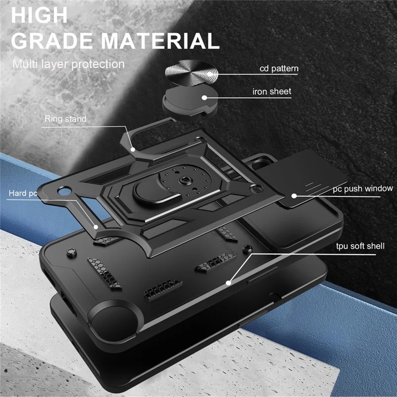For Nothing CMF Phone 2 Pro Case with Slide Camera Lid PC + TPU Kickstand Phone Cover - Black