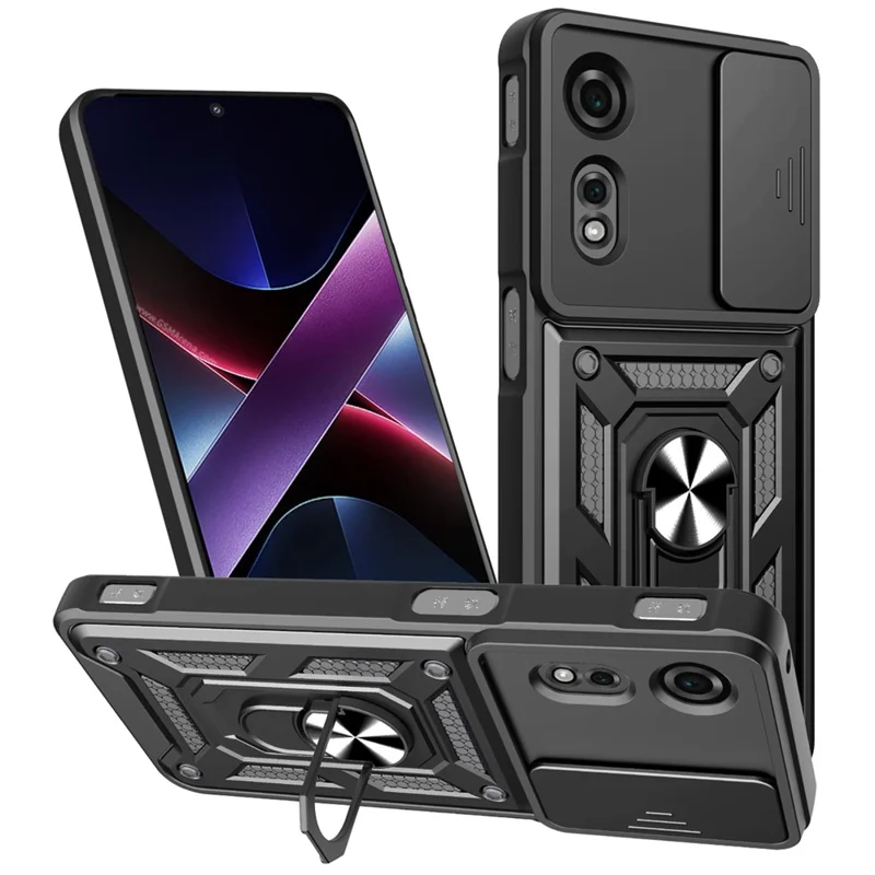 For ZTE nubia Neo 2 5G Case with Slide Camera Lid PC + TPU Kickstand Phone Cover - Black