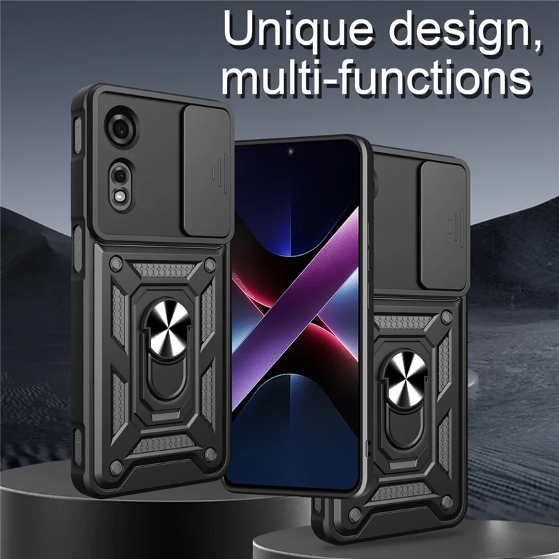 For ZTE nubia Neo 2 5G Case with Slide Camera Lid PC + TPU Kickstand Phone Cover - Black
