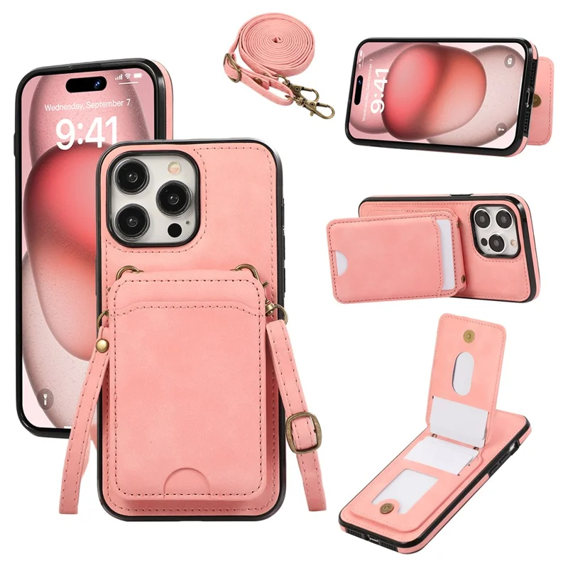 For iPhone 15 Pro Max Case Card Holder Kickstand Leather + TPU Phone Cover with Shoulder Strap - Pink