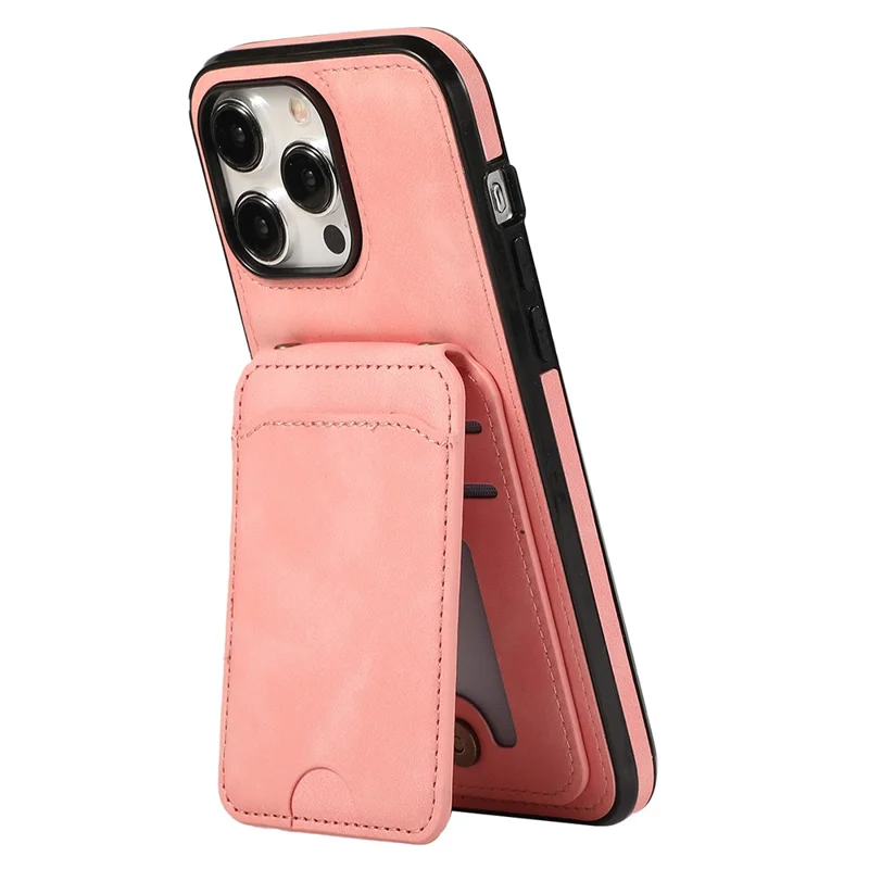 For iPhone 15 Pro Max Case Card Holder Kickstand Leather + TPU Phone Cover with Shoulder Strap - Pink