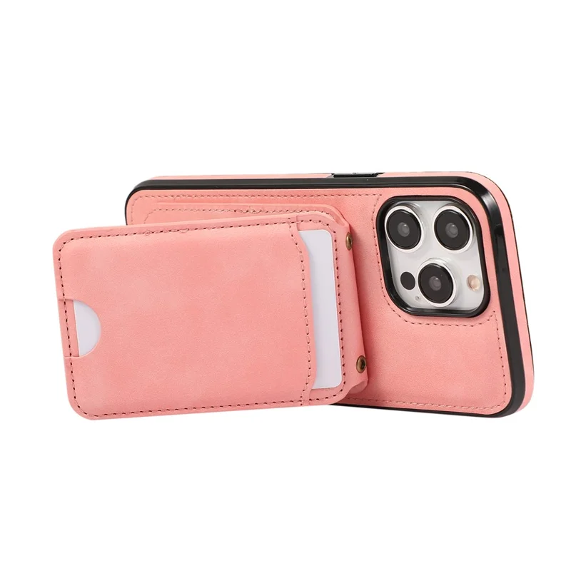For iPhone 15 Pro Max Case Card Holder Kickstand Leather + TPU Phone Cover with Shoulder Strap - Pink