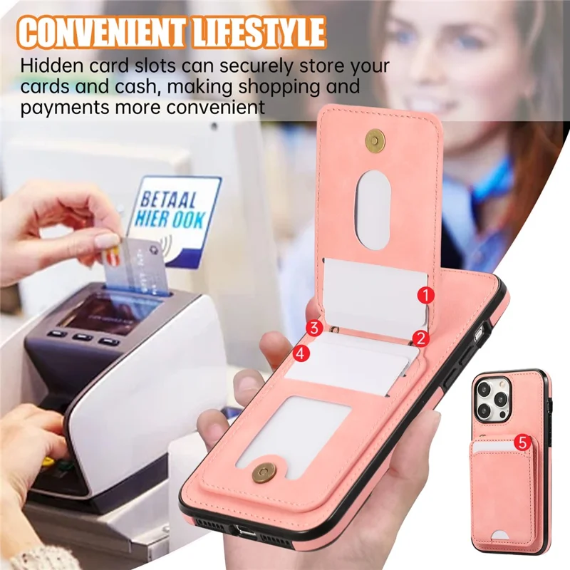 For iPhone 15 Pro Max Case Card Holder Kickstand Leather + TPU Phone Cover with Shoulder Strap - Pink
