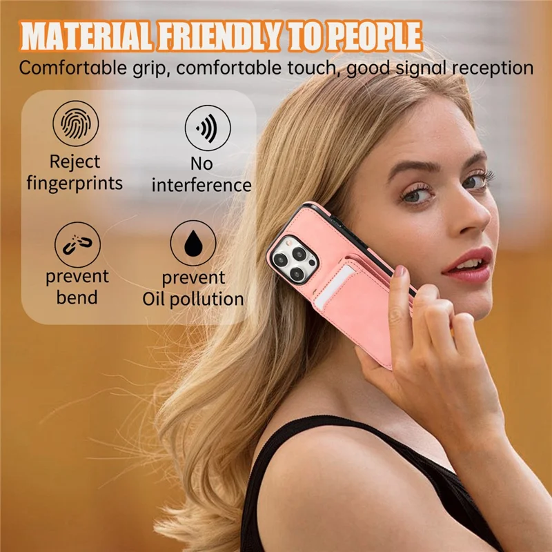 For iPhone 15 Pro Case Card Holder Kickstand Leather + TPU Phone Cover with Shoulder Strap - Pink