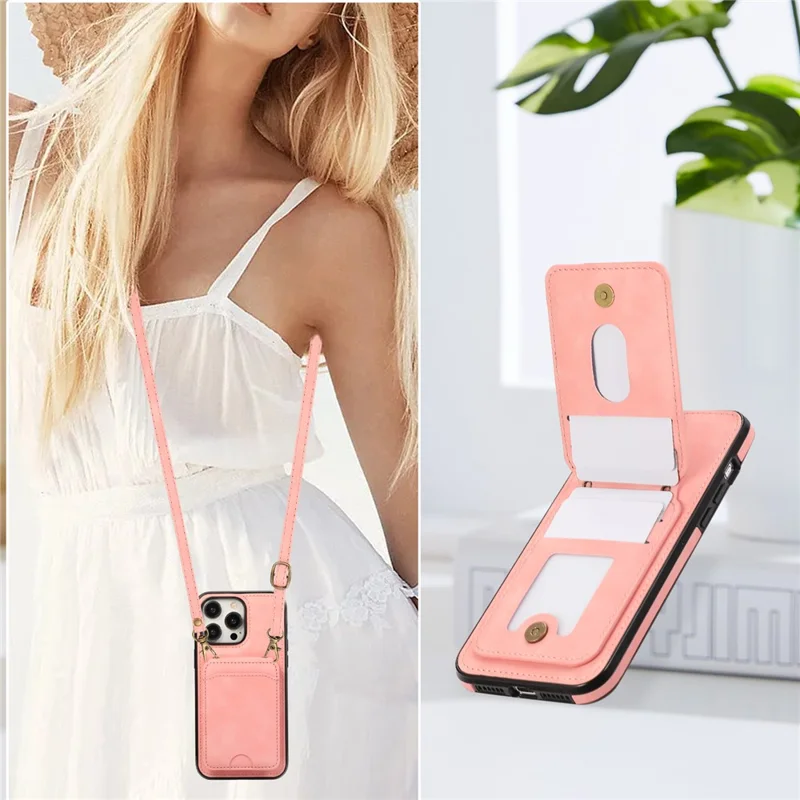 For iPhone 15 Pro Case Card Holder Kickstand Leather + TPU Phone Cover with Shoulder Strap - Pink