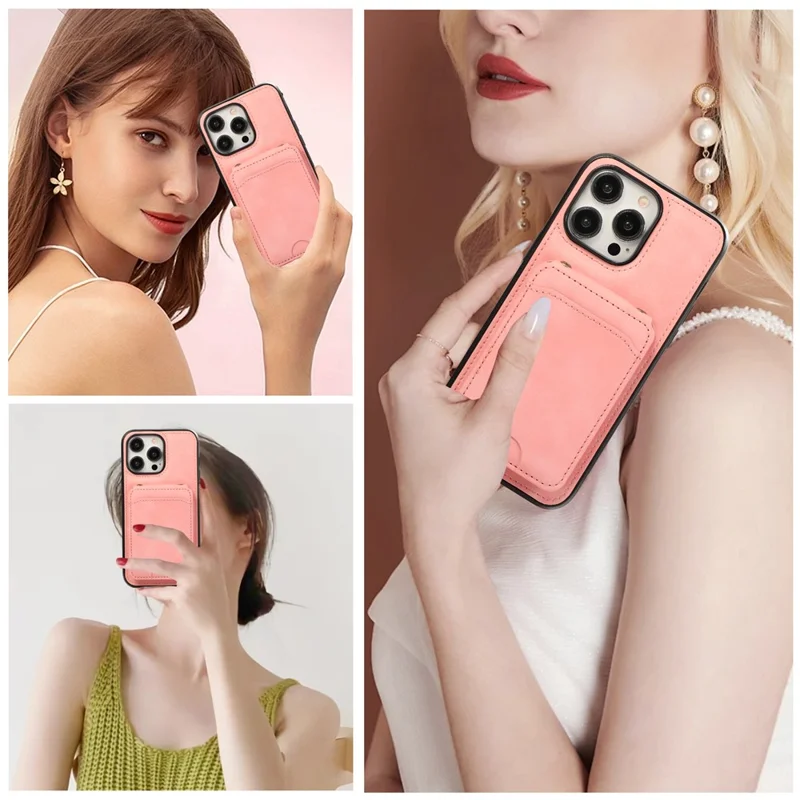 For iPhone 15 Pro Case Card Holder Kickstand Leather + TPU Phone Cover with Shoulder Strap - Pink
