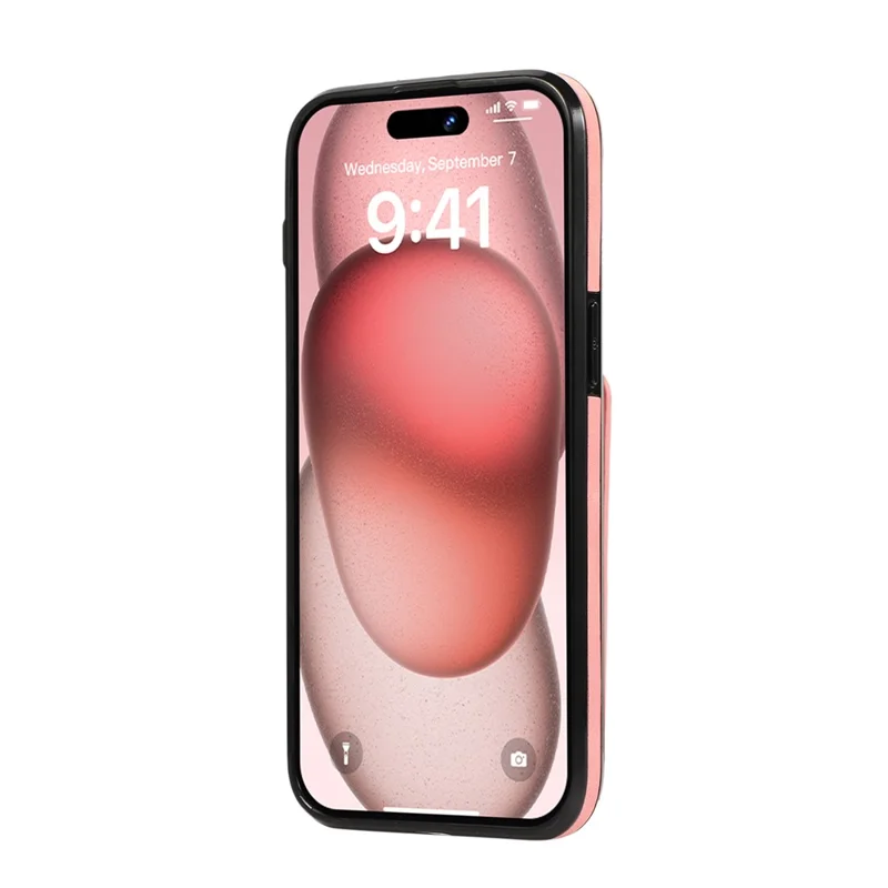 For iPhone 15 Pro Case Card Holder Kickstand Leather + TPU Phone Cover with Shoulder Strap - Pink