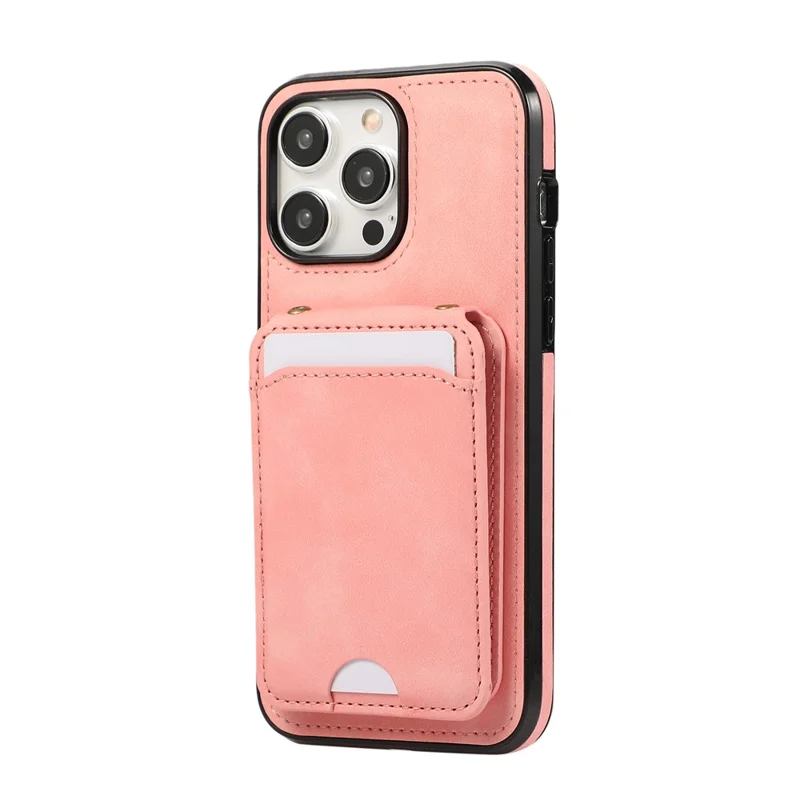 For iPhone 15 Pro Case Card Holder Kickstand Leather + TPU Phone Cover with Shoulder Strap - Pink