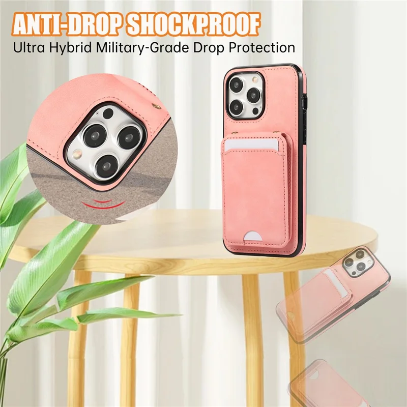 For iPhone 15 Pro Case Card Holder Kickstand Leather + TPU Phone Cover with Shoulder Strap - Pink