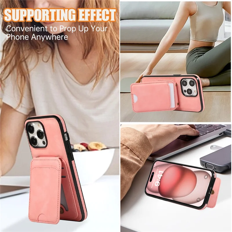 For iPhone 15 Pro Case Card Holder Kickstand Leather + TPU Phone Cover with Shoulder Strap - Pink