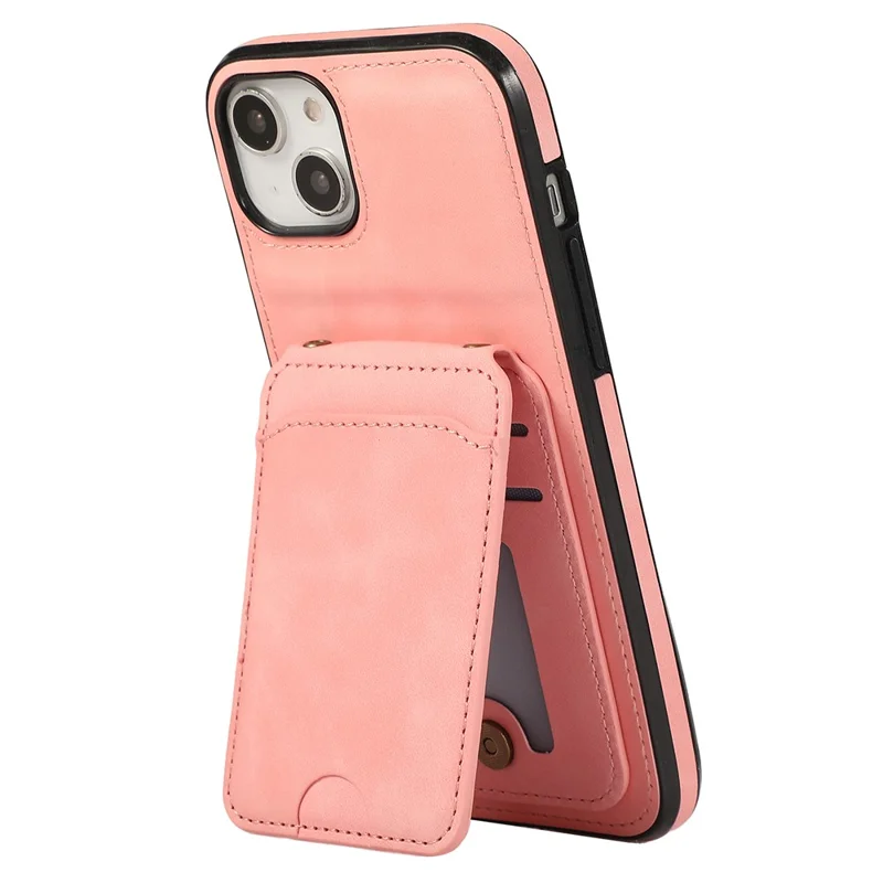 For iPhone 15 Case Card Holder Kickstand Leather + TPU Phone Cover with Shoulder Strap - Pink