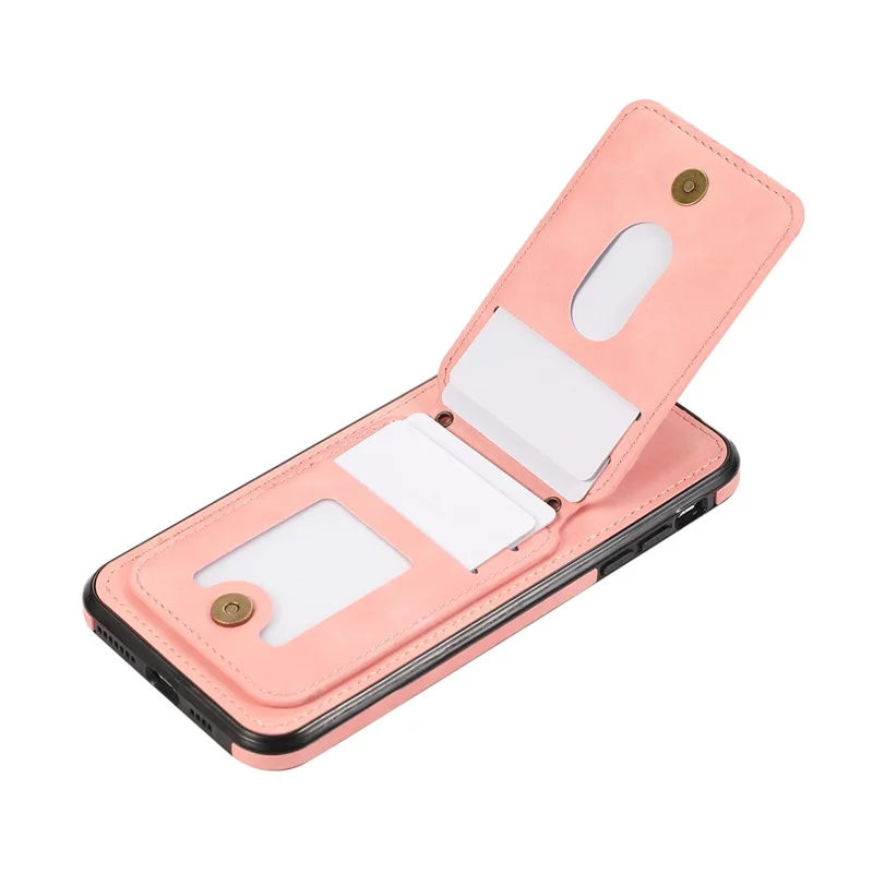 For iPhone 15 Case Card Holder Kickstand Leather + TPU Phone Cover with Shoulder Strap - Pink