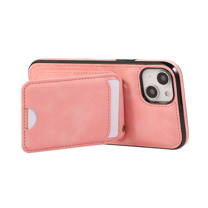 For iPhone 15 Case Card Holder Kickstand Leather + TPU Phone Cover with Shoulder Strap - Pink