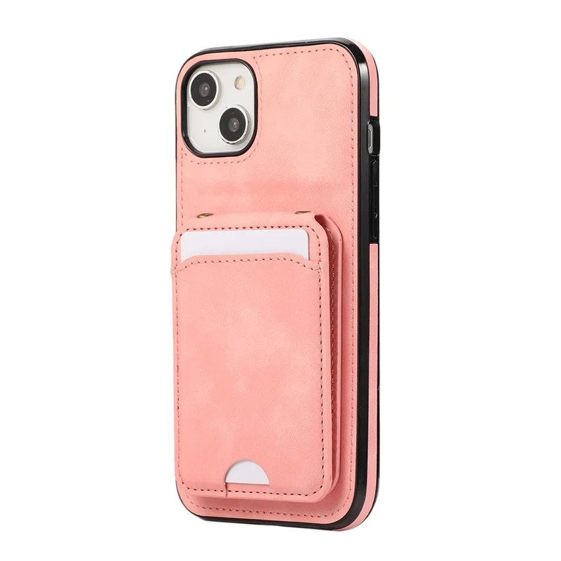 For iPhone 15 Case Card Holder Kickstand Leather + TPU Phone Cover with Shoulder Strap - Pink