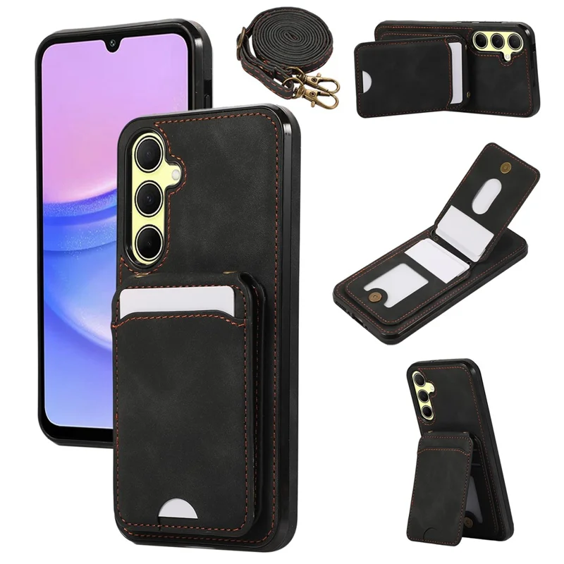 For Samsung Galaxy A16 4G / 5G Case Card Holder Kickstand Leather + TPU Phone Cover with Shoulder Strap - Black