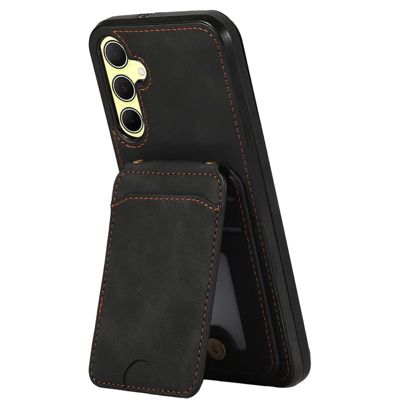 For Samsung Galaxy A16 4G / 5G Case Card Holder Kickstand Leather + TPU Phone Cover with Shoulder Strap - Black