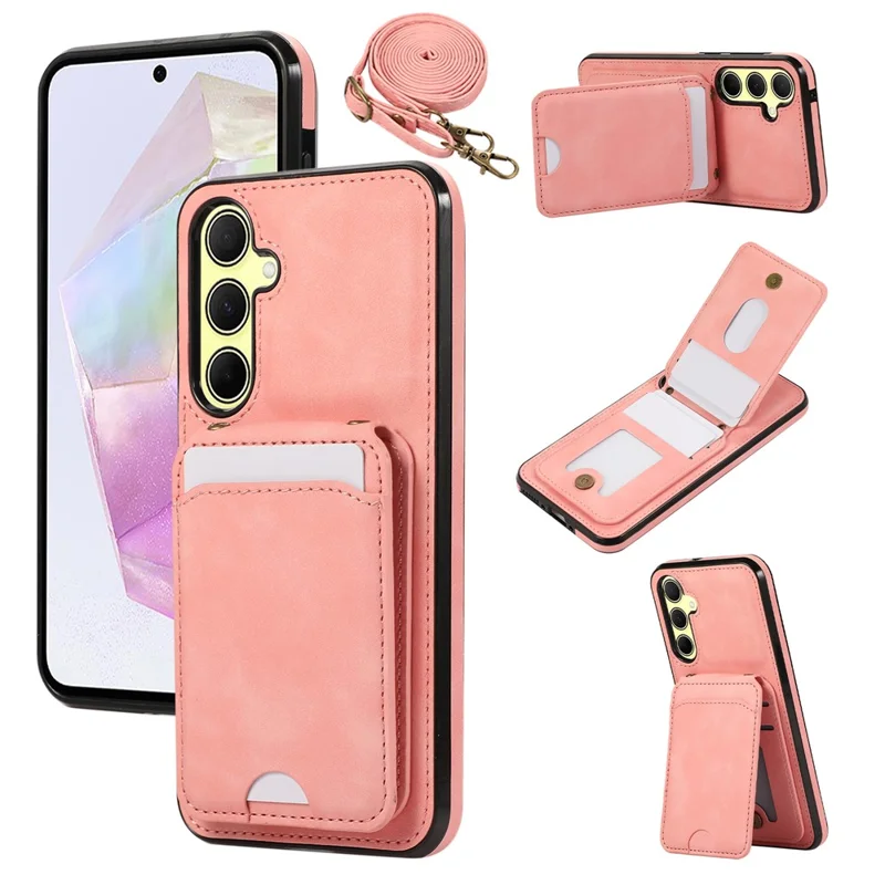 For Samsung Galaxy S25 / S24 Case Card Holder Kickstand Leather + TPU Phone Cover with Shoulder Strap - Pink