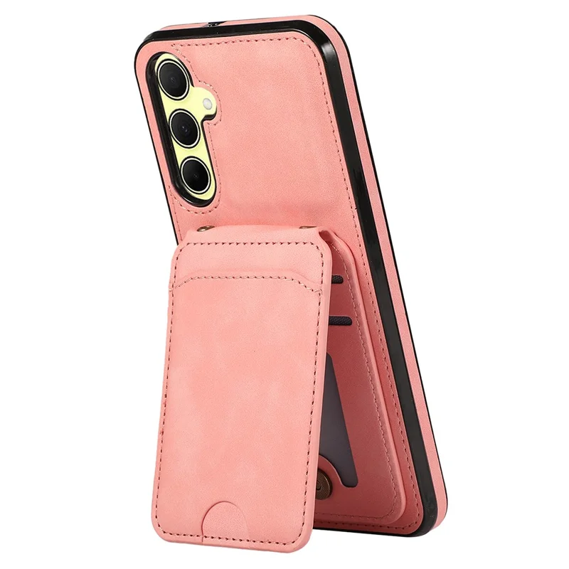 For Samsung Galaxy S25 / S24 Case Card Holder Kickstand Leather + TPU Phone Cover with Shoulder Strap - Pink
