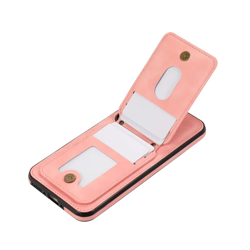 For Samsung Galaxy S25 / S24 Case Card Holder Kickstand Leather + TPU Phone Cover with Shoulder Strap - Pink