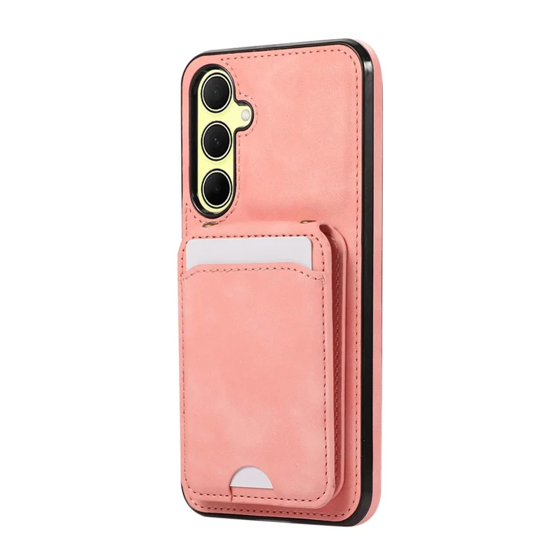 For Samsung Galaxy S25 / S24 Case Card Holder Kickstand Leather + TPU Phone Cover with Shoulder Strap - Pink