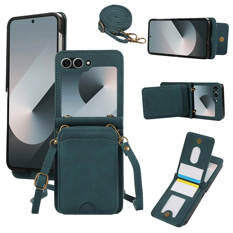 Handyhülle für Samsung Galaxy Z Flip6 5G mit Kartenhalter, Ständer, Leder + TPU, mit Umhängeriemen - Grün