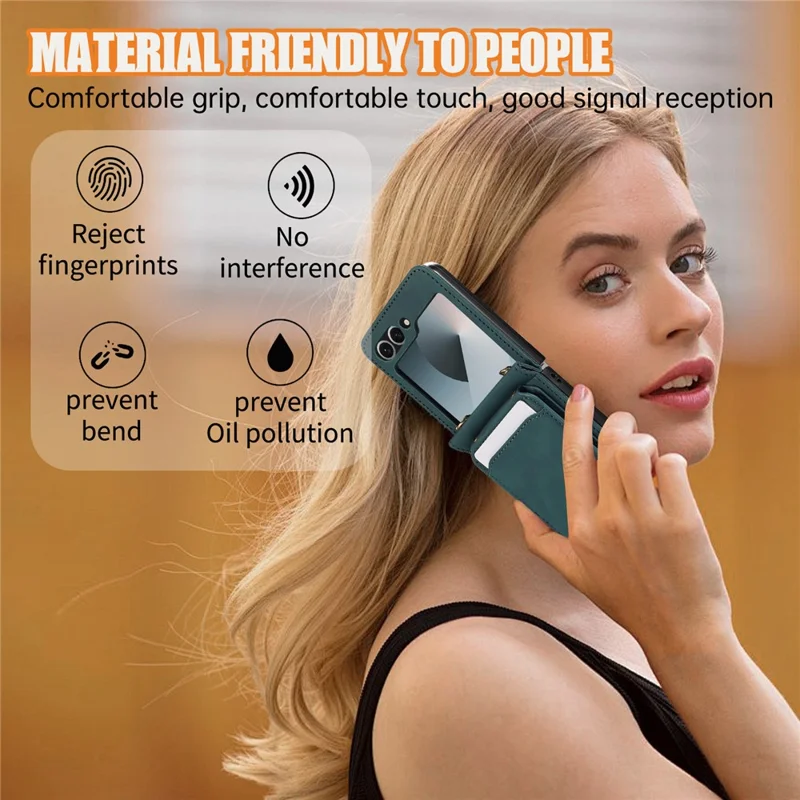 Handyhülle für Samsung Galaxy Z Flip6 5G mit Kartenhalter, Ständer, Leder + TPU, mit Umhängeriemen - Grün