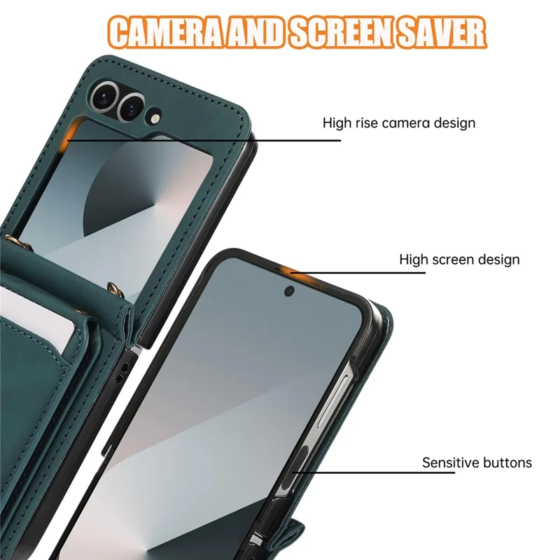 Handyhülle für Samsung Galaxy Z Flip6 5G mit Kartenhalter, Ständer, Leder + TPU, mit Umhängeriemen - Grün