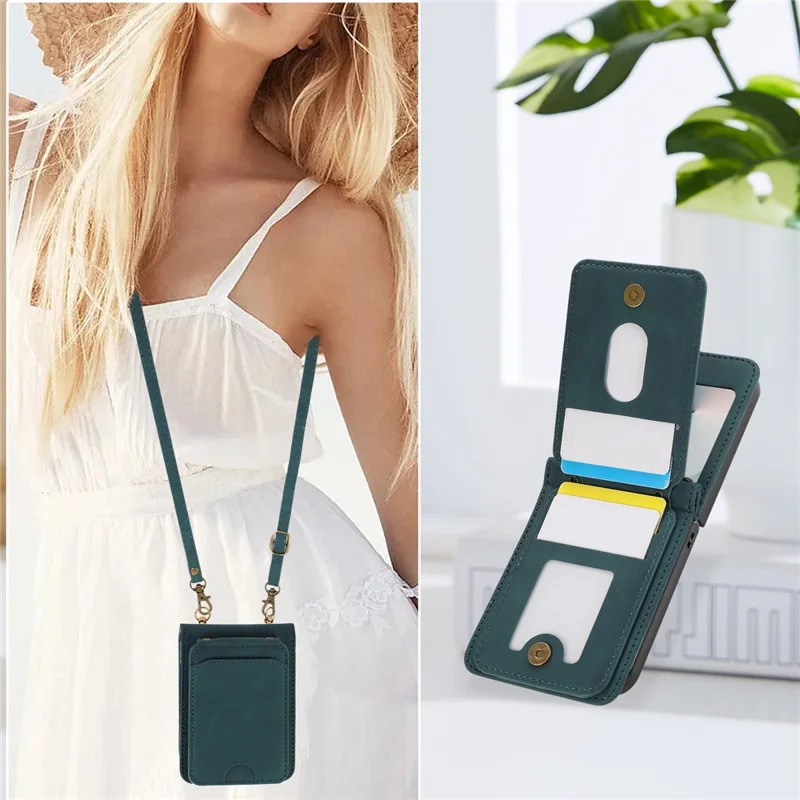 Handyhülle für Samsung Galaxy Z Flip6 5G mit Kartenhalter, Ständer, Leder + TPU, mit Umhängeriemen - Grün