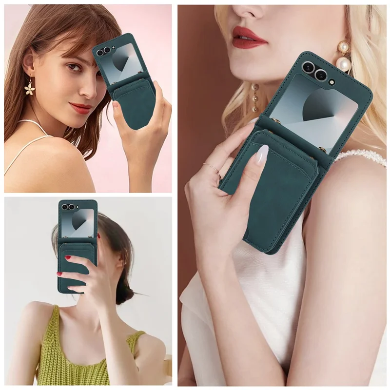 Handyhülle für Samsung Galaxy Z Flip6 5G mit Kartenhalter, Ständer, Leder + TPU, mit Umhängeriemen - Grün