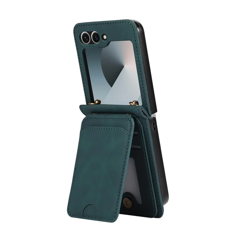 Handyhülle für Samsung Galaxy Z Flip6 5G mit Kartenhalter, Ständer, Leder + TPU, mit Umhängeriemen - Grün
