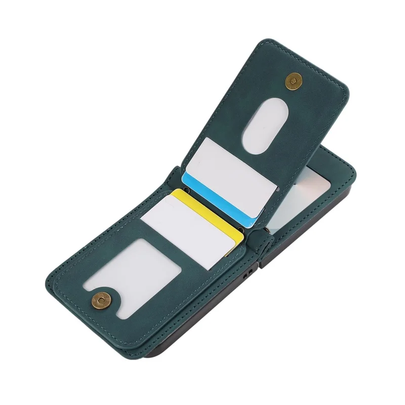 Handyhülle für Samsung Galaxy Z Flip6 5G mit Kartenhalter, Ständer, Leder + TPU, mit Umhängeriemen - Grün