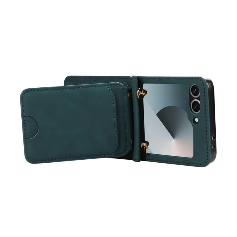 Handyhülle für Samsung Galaxy Z Flip6 5G mit Kartenhalter, Ständer, Leder + TPU, mit Umhängeriemen - Grün