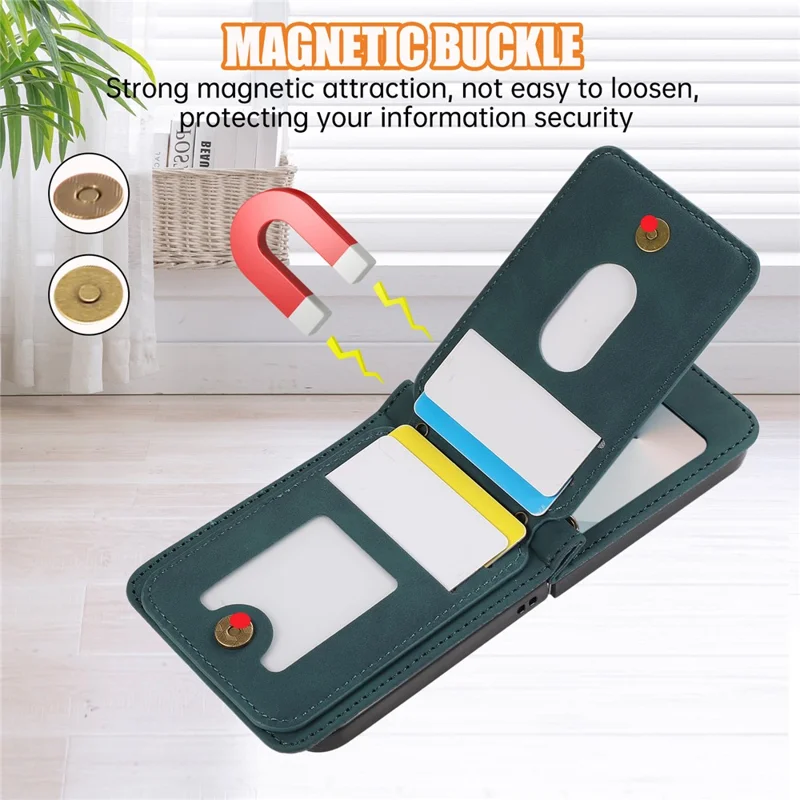 Handyhülle für Samsung Galaxy Z Flip6 5G mit Kartenhalter, Ständer, Leder + TPU, mit Umhängeriemen - Grün