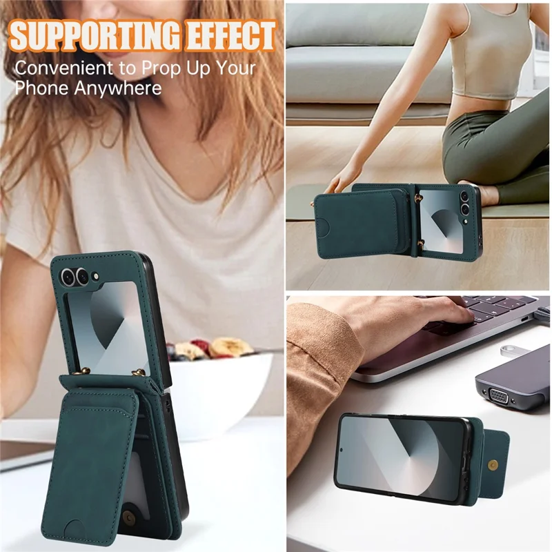 Handyhülle für Samsung Galaxy Z Flip6 5G mit Kartenhalter, Ständer, Leder + TPU, mit Umhängeriemen - Grün