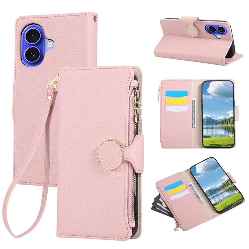 Étui iPhone 17 Portefeuille à Fermeture Éclair en Cuir avec Bracelet - Rose