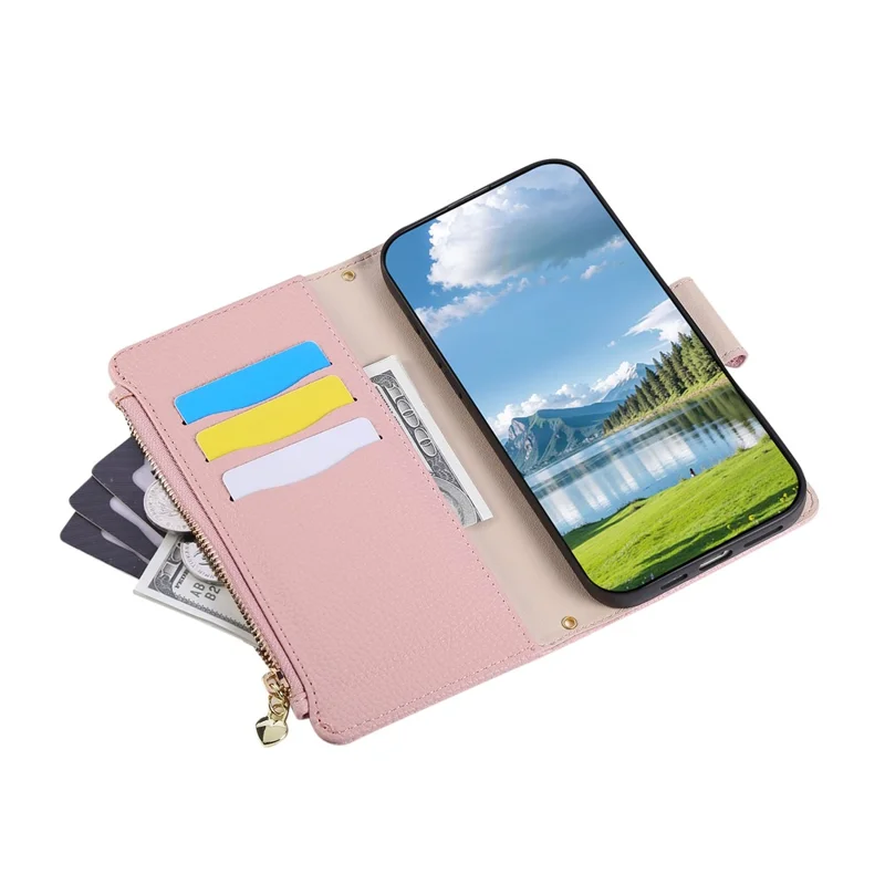 Étui iPhone 17 Portefeuille à Fermeture Éclair en Cuir avec Bracelet - Rose