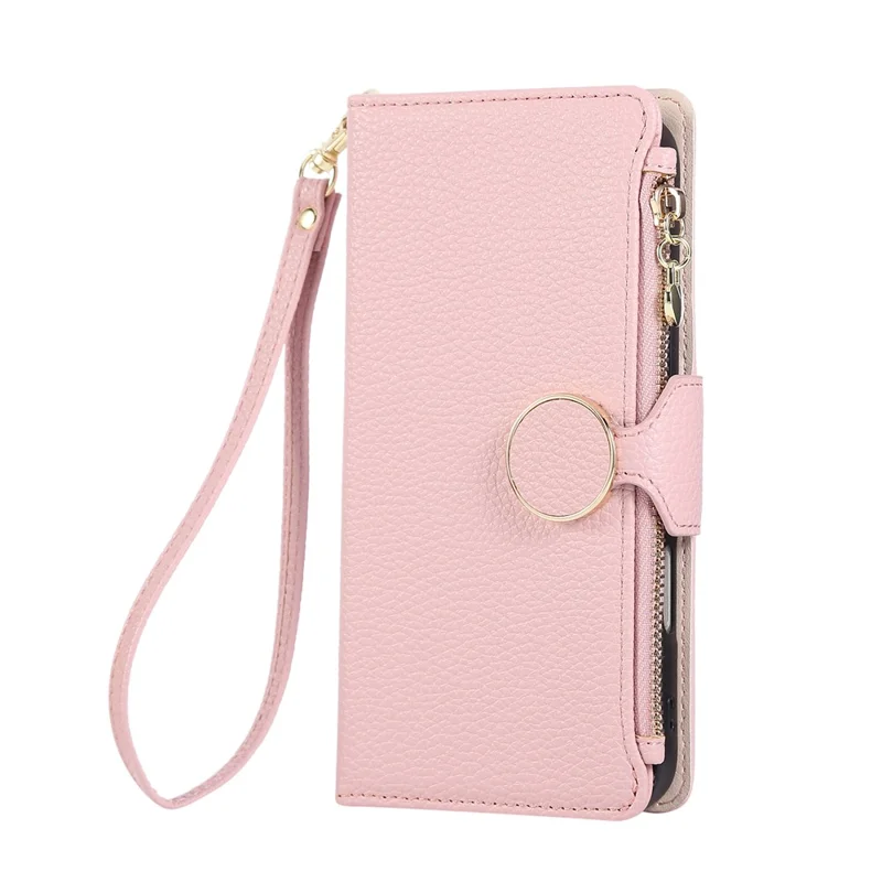 Étui iPhone 17 Portefeuille à Fermeture Éclair en Cuir avec Bracelet - Rose
