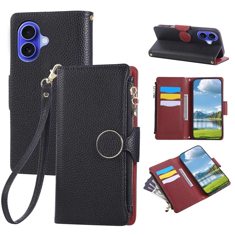 غطاء جلد لجهاز iPhone 17 مع محفظة بسحّاب وشريط معصم - أسود