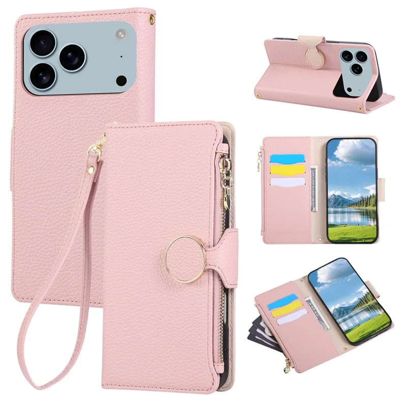 Étui portefeuille à fermeture éclair pour iPhone 17 Pro en cuir avec bracelet - Rose