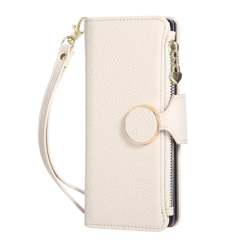 For Samsung Galaxy Z Fold7 5G Case Zipper Wallet Leather Phone Cover with Wrist Strap - Beige