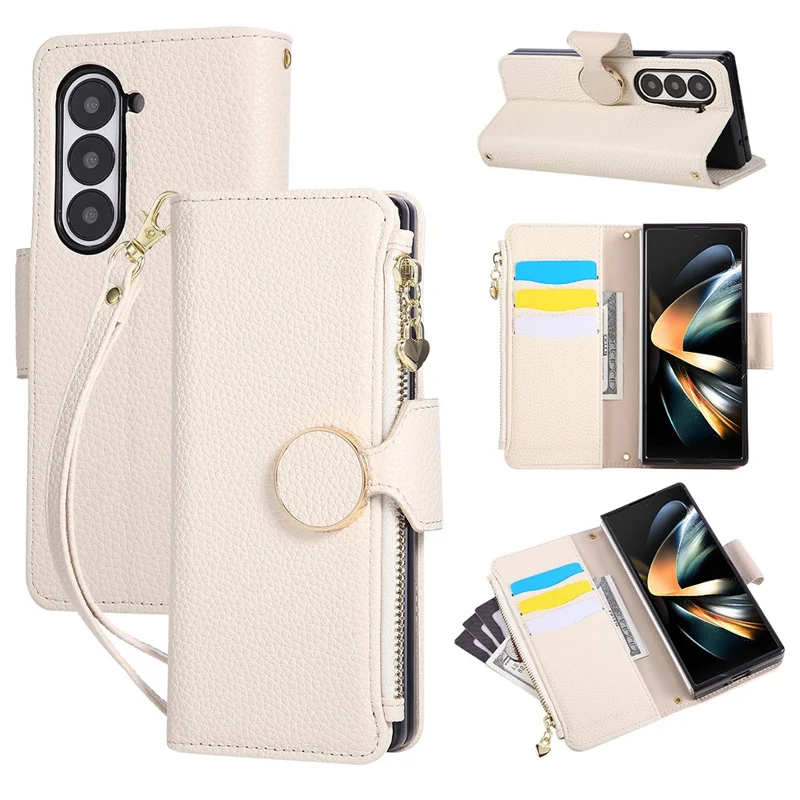 Funda tipo cartera con cremallera para Samsung Galaxy Z Fold6 5G con correa de muñeca - Beige