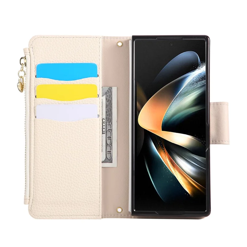 Funda tipo cartera con cremallera para Samsung Galaxy Z Fold6 5G con correa de muñeca - Beige