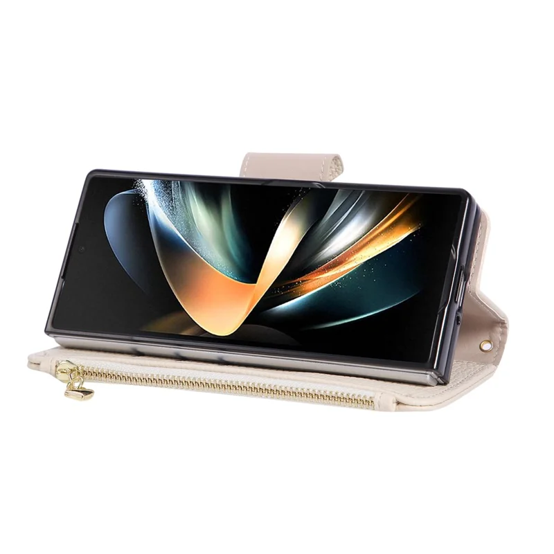 Funda tipo cartera con cremallera para Samsung Galaxy Z Fold6 5G con correa de muñeca - Beige