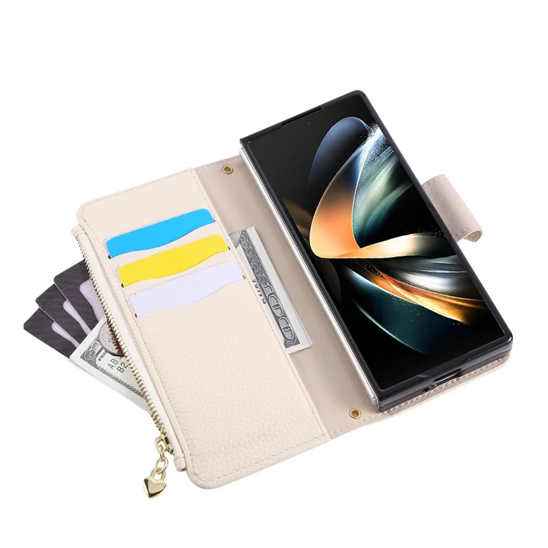 Funda tipo cartera con cremallera para Samsung Galaxy Z Fold6 5G con correa de muñeca - Beige