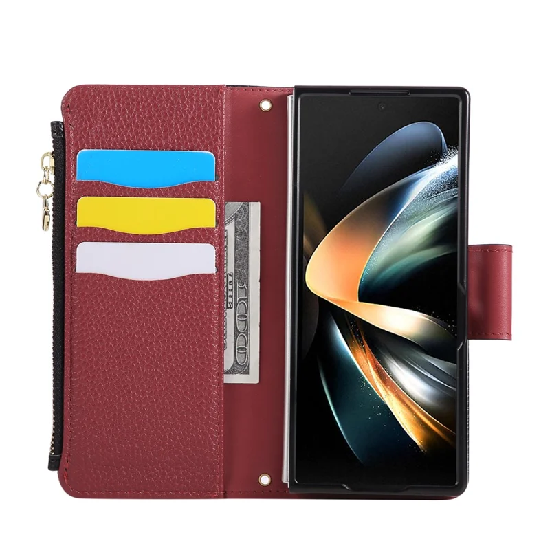 For Samsung Galaxy Z Fold6 5G Case Zipper Wallet Leather Phone Cover with Wrist Strap - Black