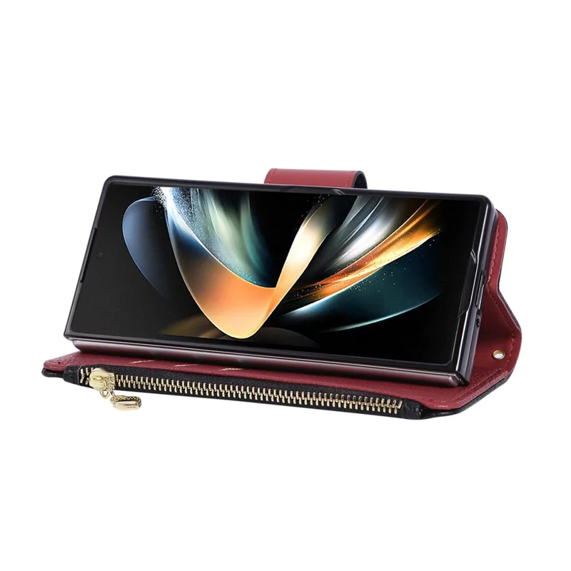 For Samsung Galaxy Z Fold6 5G Case Zipper Wallet Leather Phone Cover with Wrist Strap - Black