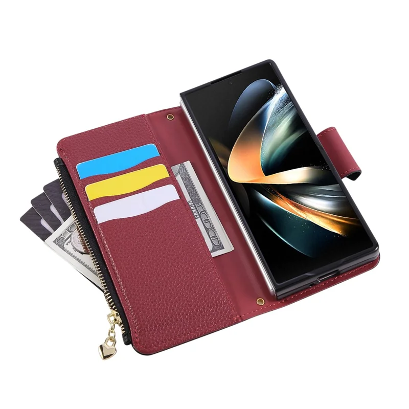 For Samsung Galaxy Z Fold6 5G Case Zipper Wallet Leather Phone Cover with Wrist Strap - Black