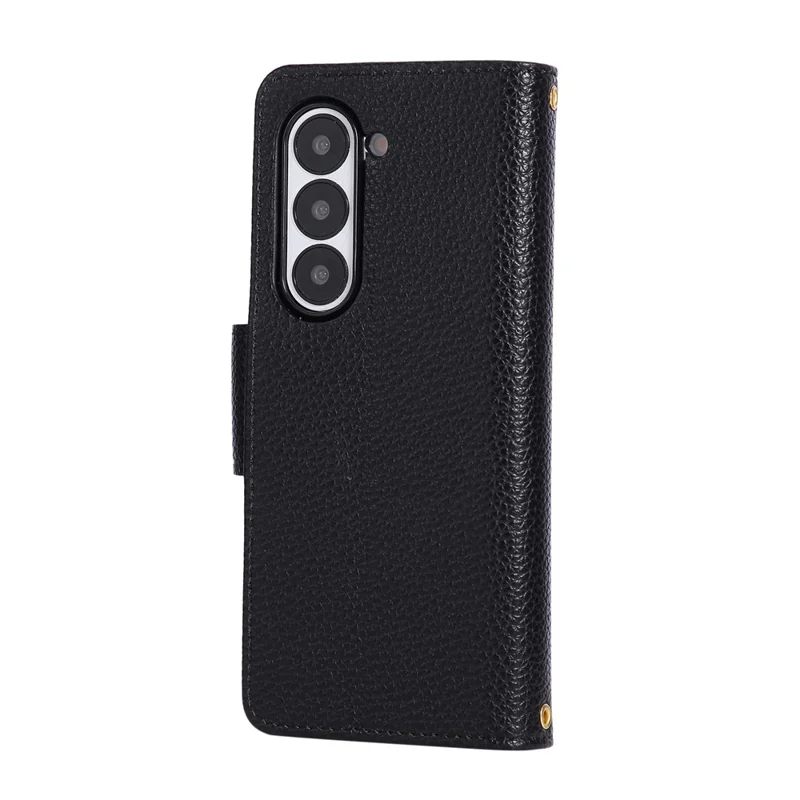 For Samsung Galaxy Z Fold6 5G Case Zipper Wallet Leather Phone Cover with Wrist Strap - Black