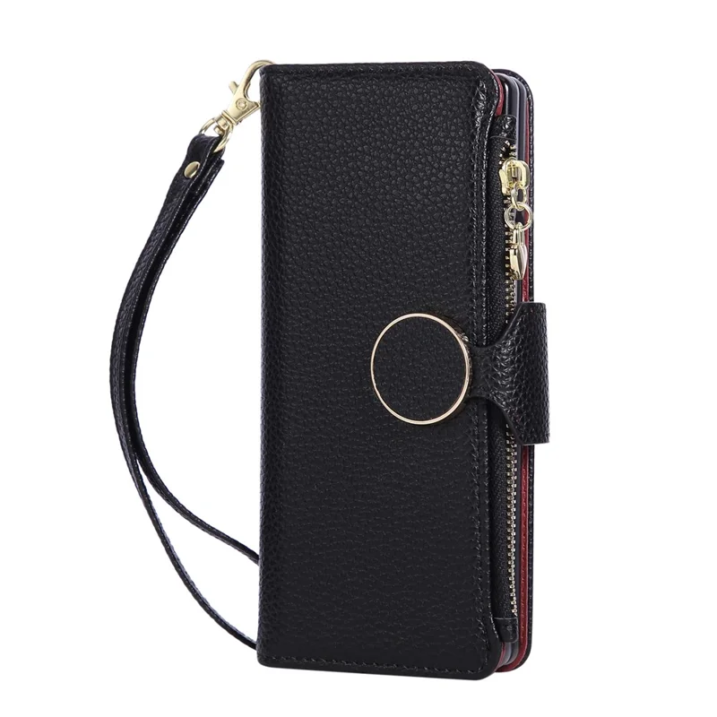 For Samsung Galaxy Z Fold6 5G Case Zipper Wallet Leather Phone Cover with Wrist Strap - Black